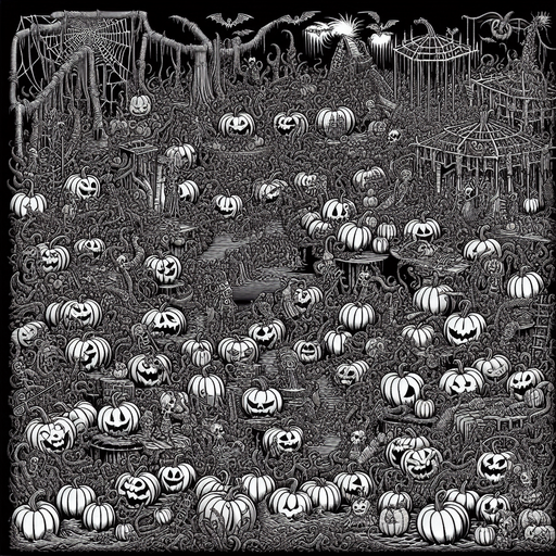 Generate a high quality cartoon background Halloween image on a black canvas similar to the format of where is waldo with a hellish environment filled with pumpkins.
Single Game Texture. In-Game asset. 2d. Blank background. High contrast. No shadows.