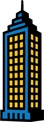 "A 2D in-game asset of a skyscraper, showing only one face of the tower. The design should be high contrast with no shadows.".
In-Game asset.  2d.  High contrast.  No shadows