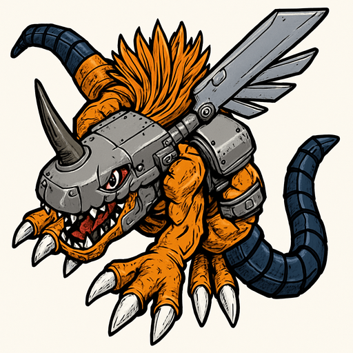 Metalgreymon, visto desde arriba, detalles altos, sin errores debe ser identico.
In-Game asset.  2d.  High contrast.  No shadows