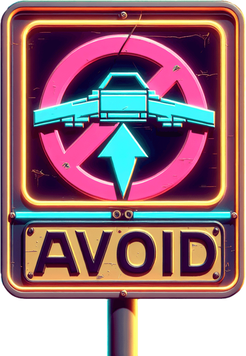 retro sign that says "avoid" with an flying car symbol in neon colors.
Single Game Texture. In-Game asset. 2d. Blank background. High contrast. No shadows.