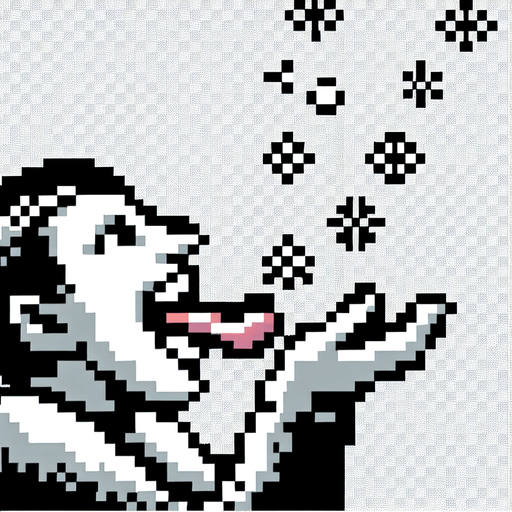 8bit person holding their tongue up to catch snowflakes.
Single Game Texture. In-Game asset. 2d. Blank background. High contrast. No shadows.