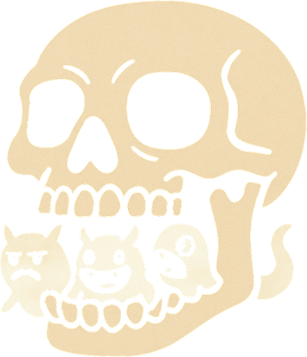 cabeza de esqueleto con montruos blancos en la boca.
In-Game asset.  2d.  High contrast.  No shadows