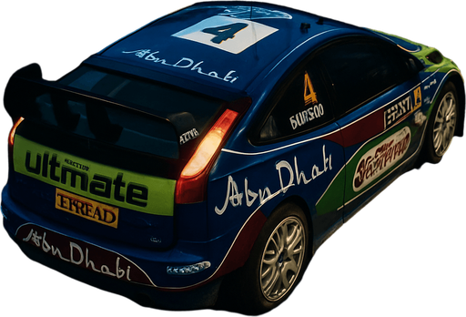 Photorealistic Ford Focus RS WRC 2008 Rallycar in nightlight, drone topview from back and 45 degrees angle in top right corner