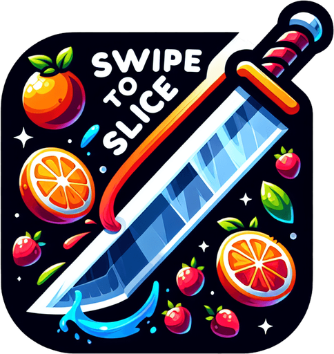 game icon for a video game called fruit slash, show an fruits cutting with sword symbols in the fore ground show the name of the game  "Swipe to Slice "big in the center with the fruits underneath.
Single Game Texture.  In-Game asset.  2d.  Blank background.  High contrast.  No shadows