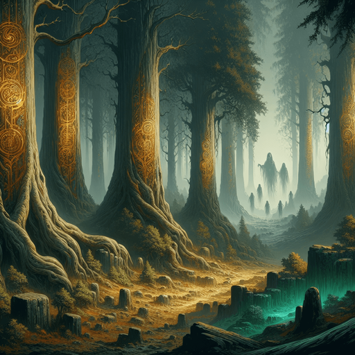 Backdrop: An ancient, mystical forest with glowing runes etched into massive tree trunks.

Colors: Earthy greens and browns with soft golden accents.

Details: Misty ambiance with faint ethereal figures in the background..
Single Game Texture. In-Game asset. 2d. Blank background. High contrast. No shadows.
