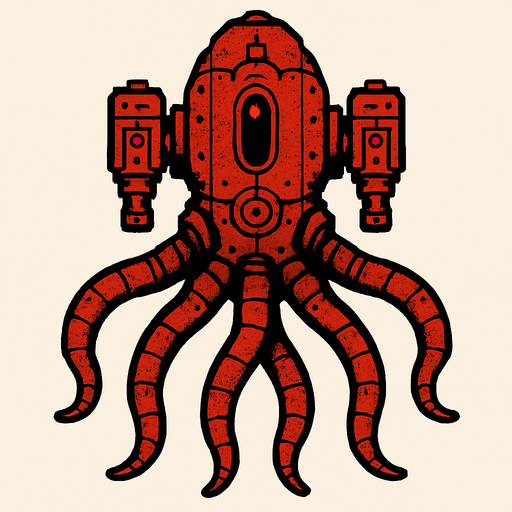 vertical top down red burn robotic octopus scifi war submarine.
In-Game asset.  2d.  High contrast.  No shadows