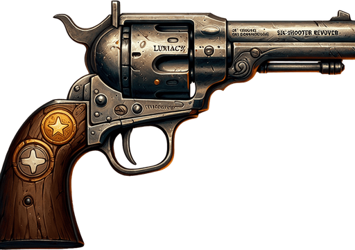 Card Title: Dr. Mann’s Six-Shooter

Subtitle: Ole Reliable

Type: Weapon, Ranged

Description: A revolver used by infamous Foundation doctor Everett Mann. Bonus to accuracy. Bonus to damage vs. undead. Bonus to lunacy.

Stats: +10 ATK / +3 ACC.
Single Game Texture.  In-Game asset.  2d.  Blank background.  High contrast.  No shadows