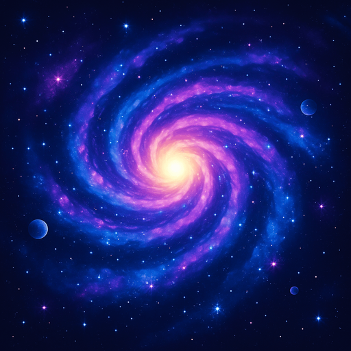 A stunning 2D top-down galaxy for a space-themed game background, featuring a massive spiral galaxy with swirling arms in vibrant shades of blue, purple, and pink, a bright glowing core, scattered star clusters, distant nebulae, and a few small planets orbiting around. The galaxy should feel colorful, mysterious, and vast, with soft glowing effects and high contrast for a sci-fi aesthetic. Style: digital art, seamless background, suitable for looping game parallax layers..
In-Game asset.  2d.  High contrast.  No shadows