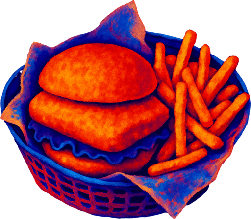 A fish burger and fries in a basket lined with paper.