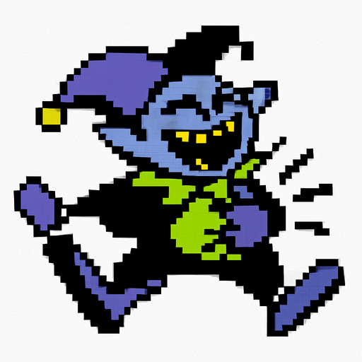 Jevil de deltarune capitulo uno siendo golpeado en el estomago echandose un poco para atras aunque con una risa loca en su rostro (pixeleado con fondo blanco).
In-Game asset.  2d.  High contrast.  No shadows