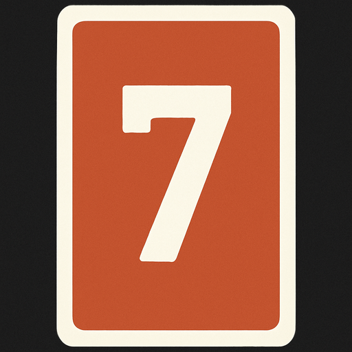 Rectangular card numbered 7, with a white border around it and a terracotta background..
In-Game asset.  2d.  High contrast.  No shadows