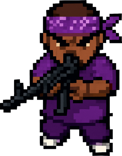 pandillero de morado hecho con pixeles. con perspectiva desde arriba visto de frente apuntando con un m4
In-Game asset.  2d.  High contrast.  No shadows