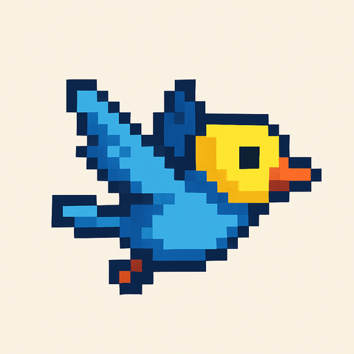 pxel art sarı kafalı mavi uçar pozisyonda bir kuş.
Single Game Texture. In-Game asset. 2d. Blank background. High contrast. No shadows.