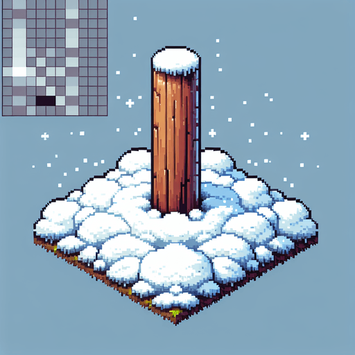 pixel art of a wooden pole with snow at it's base.
Single Game Texture. In-Game asset. 2d. Blank background. High contrast. No shadows.