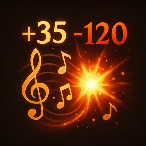 Design an icon for a toggle button labeled "Show Damage Numbers" in a fantasy tower defense game set in a magical concert hall. The icon should represent visible damage output using a musical and magical theme.

Main elements: show floating numbers (like “+35”, “-120”) rising or popping out from stylized musical symbols—such as a treble clef or burst of notes.
Optionally, display a glowing impact spark or small explosion with numbers around it to represent hit feedback.

Use gold, red, or white tones for the numbers and magical trails for emphasis.
Background should be neutral or dark, subtly textured (like velvet or wood), to enhance readability.

The icon must be square (256×256 px), readable at small sizes, and include no text.
Provide two visual states:

Enabled: numbers glowing, slightly animated or rising.

Disabled: numbers greyed out or crossed subtly with a muted tone.

Style: fantasy UI, clean and elegant, consistent with the musical combat theme of the game..
In-Game asset.  2d.  High contrast.  No shadows