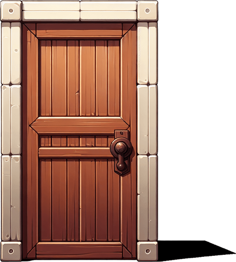 Uma Porta de madeira para frente com machaneta marrrom..
Single Game Texture. In-Game asset. 2d. Blank background. High contrast. No shadows.