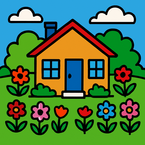 let there be a house and let the house be surrounded by lawns and flowers.
In-Game asset.  2d.  High contrast.  No shadows