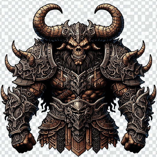 2D armored evil minotaur.
Single Game Texture.  In-Game asset.  2d.  Blank background.  High contrast.  No shadows