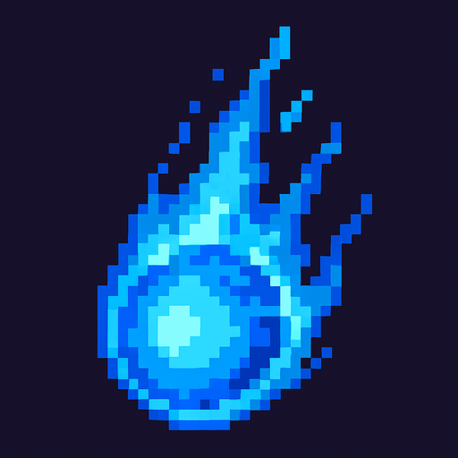 High quality 2D pixel art blue fire ball.
In-Game asset.  2d.  High contrast.  No shadows