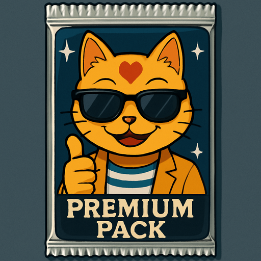 The orange cat from this picture looking straight forwards and smiling, holding out a thumbs up and looking over a pair of sunglasses on the front of a booster pack of collectible cards in plastic and seen from the front. The words “Premium Pack” on the pack underneath the picture. The plastic on the pack has a stars on it.