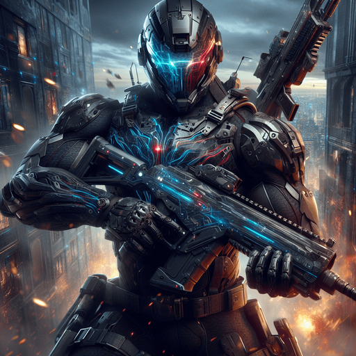 Create an image of a dynamic, powerful hero in a futuristic, action-packed setting. The hero is wearing a sleek, dark armored suit with metallic accents that reflect light. The suit features high-tech elements, such as glowing blue and red energy lines running across the chest and limbs, and advanced weaponry mounted on the arms. The hero’s face is partially visible behind a helmet with a visor, showing intense determination. They stand confidently in a battle-ready pose, with a backdrop of a city in ruins, engulfed in smoke and flames. In the hero's hand, there’s a futuristic gun that looks like a high-powered sniper rifle, glowing with energy. The atmosphere is tense, with sparks flying around as if from recent explosions.".
Single Game Texture. In-Game asset. 2d. Blank background. High contrast. No shadows.