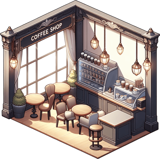 High end Coffee Shop.
Single Game Texture. In-Game asset. 2d. Blank background. High contrast. Shadows at the bottom.