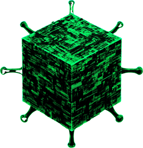 massive cube-shaped virus, distorted glitch surfaces, holographic data streams, topdown view, green and black colors, digital corruption texture, symmetrical, circular.
In-Game asset.  2d.  High contrast.  No shadows