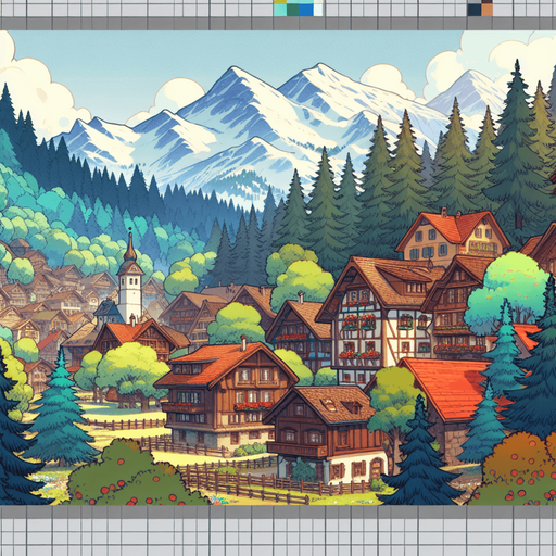 anime image 2d ghibli style. swiss forrest 
mountain and traditional village.
Single Game Texture.  In-Game asset.  2d.  Blank background.  High contrast.  No shadows