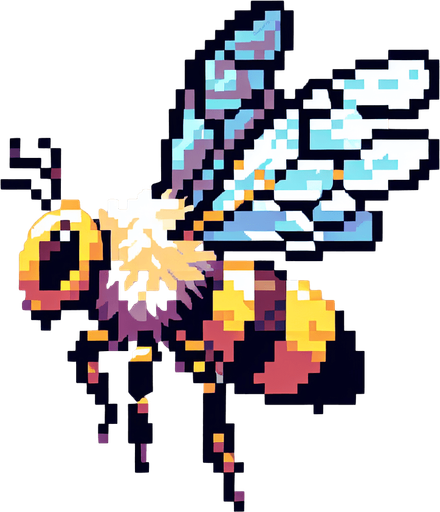 genera una abeja con alas de mariposa en pixel art solo de perfil mirando a la izquierda.
Single Game Texture.  In-Game asset.  2d.  Blank background.  High contrast.  No shadows