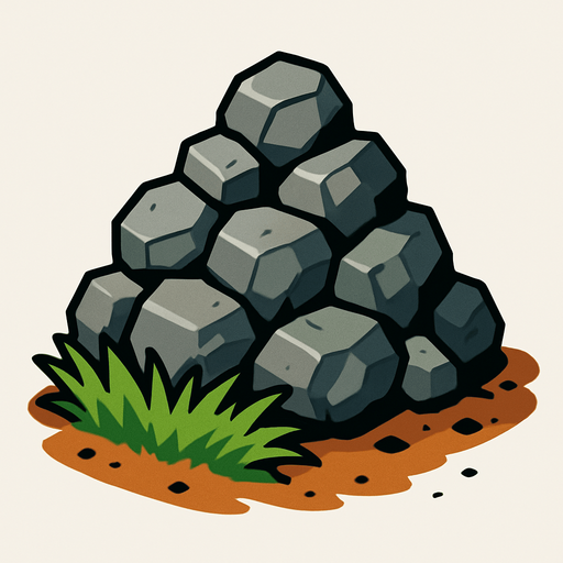 Make a pile of rocks with a grass patch in front of it and dirt scattered.
In-Game asset.  2d.  High contrast.  No shadows