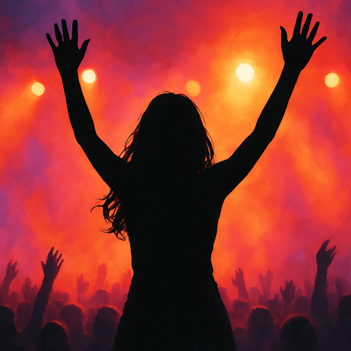 Dancing woman with hands up dark siluette on a concert, front view