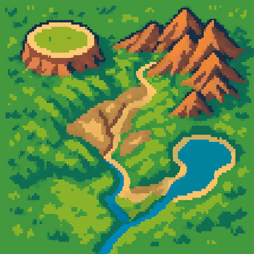 ova ya dağa platoya vadiye göle akarsuya sahip bir harita.
In-Game asset.  2d.  High contrast.  No shadows
pixelart