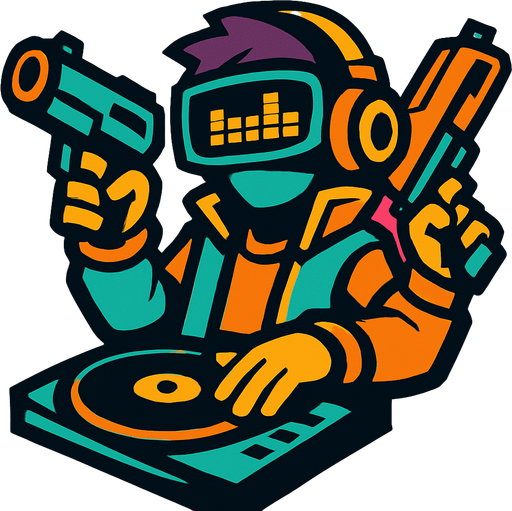 DJ with blaster.
In-Game asset.  2d.  High contrast.  No shadows