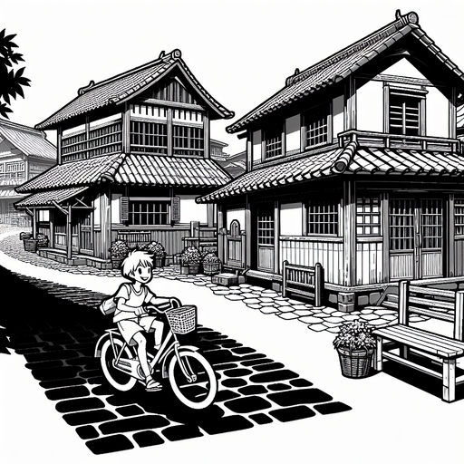 A village a boy run a cycle.
Single Game Texture. In-Game asset. 2d. Blank background. High contrast. No shadows.