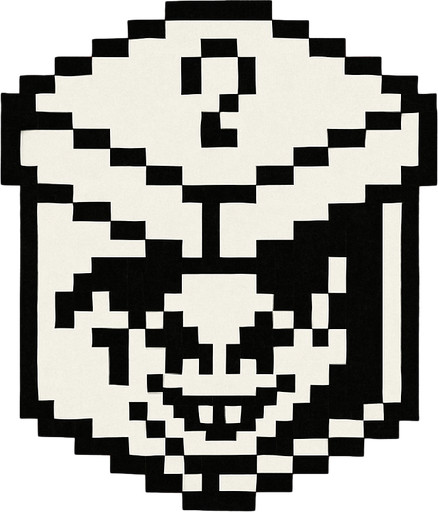 Una caja sorpresa cerrada en blanco y negro pixeleado en 16x16 pixeles, en la caja hay un dibujo de unos ojos y sonrisa de Jevil de deltarune. el fondo de la imagen es de color rojo