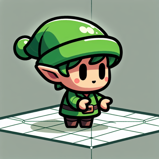 Profil view of a cute little elf with a green hat, standing with his hands in front of him.no background . no floor. In-Game asset. 2d. Blank background. High contrast. No shadows.