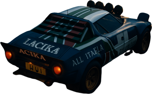 Photorealistic Lancia Stratos Rallycar in nightlight, drone topview from back and 45 degrees angle in top right corner. Replace Lancia to Lacika and Alitalia to All Italia