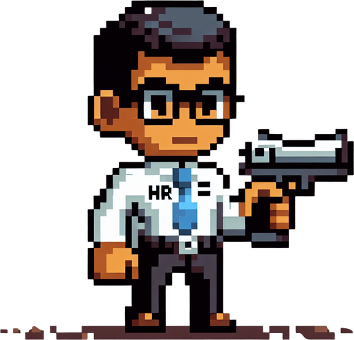 Single Game Texture. In-Game asset. 2D. Blank background. High contrast. No shadows. A pixel-art HR professional wearing a suit and tie, glasses, and holding an oversized cartoonish gun. The character should have a confident stance, professional yet whimsical, styled for a retro game.
Single Game Texture. In-Game asset. 2d. Blank background. High contrast. No shadows.