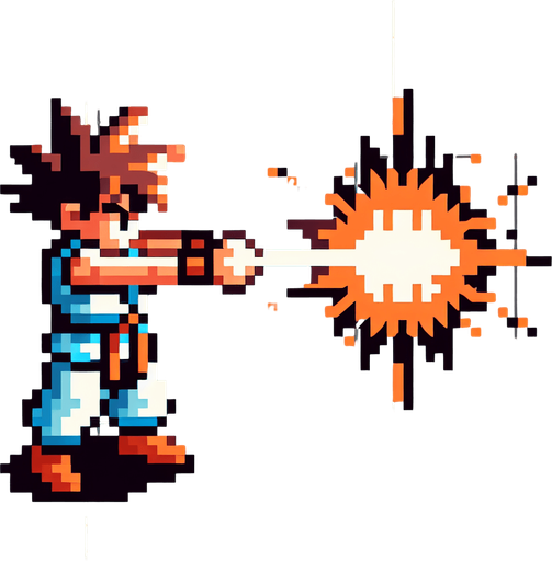 Goku arms doing kamehameha. seen from above. 8-bit. Cartoon. In game asset. No shadow Single Game Texture. In-Game asset. 2d. Blank background. High contrast. No shadows.