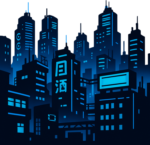 cyberpunk city for back ground. Dark blue
In-Game asset.  2d.  High contrast.  No shadows