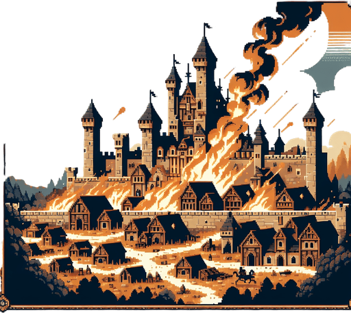 pixel art dramatic epic medieval village castle burning bad day.
Single Game Texture.  In-Game asset.  2d.  Blank background.  High contrast.  No shadows