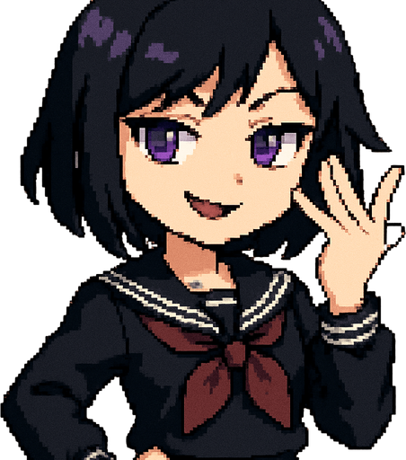 A charming anime-style girl rendered in delightful Pixel Art, featuring an emo aesthetic, striking purple eyes, and a classic Japanese school uniform (sailor fuku).

She confidently strikes the iconic “Ojou-sama pose”:
Her left hand is elegantly lifted near her face, fingers gracefully splayed like a fan, perfectly framing her smug expression.

Her face bears a tilted, self-assured smile, the kind that practically echoes a soft, aristocratic “Ohoho~” laugh. One eyebrow arches subtly, radiating playful confidence and a touch of superiority.

Her right hand rests casually near her waist, loosely clenched into a relaxed fist — an anchor for her graceful yet dominant posture.

Behind her stretches the polished hallway of a Japanese school, complete with sliding doors and sunlit windows, completing the scene with a nostalgic, everyday charm — all captured in the cozy, detailed charm of Pixel Art.