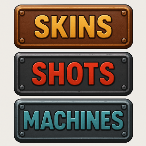 pack of different 3 buttons "skins""shots""machines", metal texture, different color for metal and for text.
In-Game asset.  2d.  High contrast.  No shadows