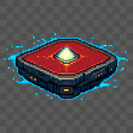 Mechanical floating platform, red metal surface with glowing energy core, sci-fi futuristic design, sleek metallic texture, blue energy particles or trails around edges, hovering effect, technological appearance with small lights or circuits, 2D pixel art style, side view, transparent background.
In-Game asset.  2d.  High contrast.  No shadows