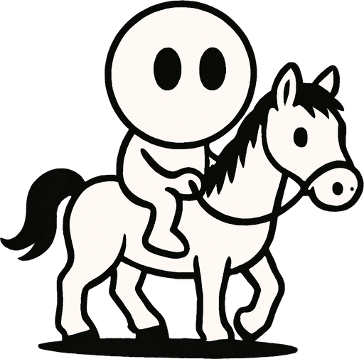 White simple circular enemy seen from above, black outline. Black eyes, on a white horse. Black and white only. Blue background.
