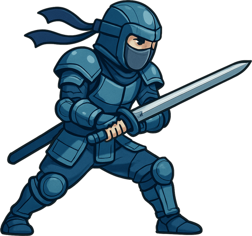 side scroller blue steel armored ninja aksi koreographi  dua tangan memegang pedang ke depan
In-Game asset.  2d. No shadows