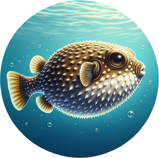 A realistic pufferfish swiming to the right.
Single Game Texture. In-Game asset. 2d. Blank background. High contrast. No shadows.
