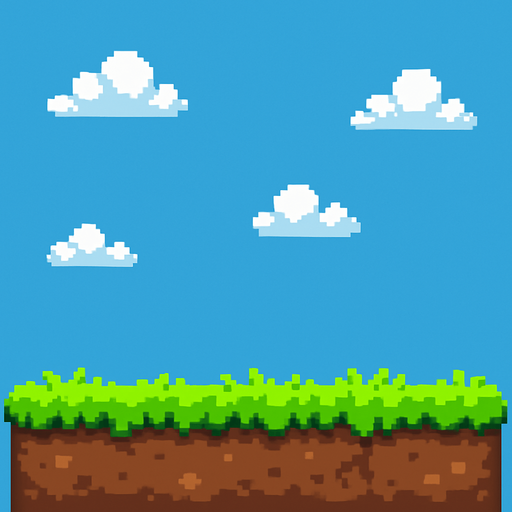 El suelo debe ser una plataforma horizontal clara y visible en la parte inferior de la pantalla, con diseño tipo césped verde brillante sobre tierra marrón, estilo pixel art, con bordes irregulares o redondeados para que no se vea plano ni rígido; puede tener pequeños detalles como piedritas o raíces, pero sin recargarlo, y debe contrastar bien con el cielo para que el personaje destaque al caminar sobre él..
In-Game asset.  2d.  High contrast.  No shadows