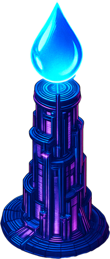 Top down isometric neon cyberpunk anime talk futuristic tower spire 3d ocean glowing hd large blue water drop hologram over top