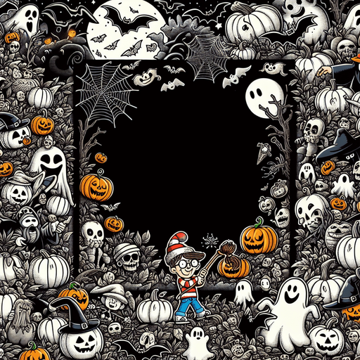 Generate a high quality cartoon background Halloween image on a black canvas similar to the format of where is waldo.
Single Game Texture. In-Game asset. 2d. Blank background. High contrast. No shadows.